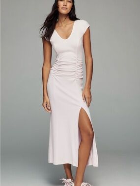 Daily Practice Anthropologie Cap-Sleeve Ruched Side-Slit Maxi Dress - Light Pink